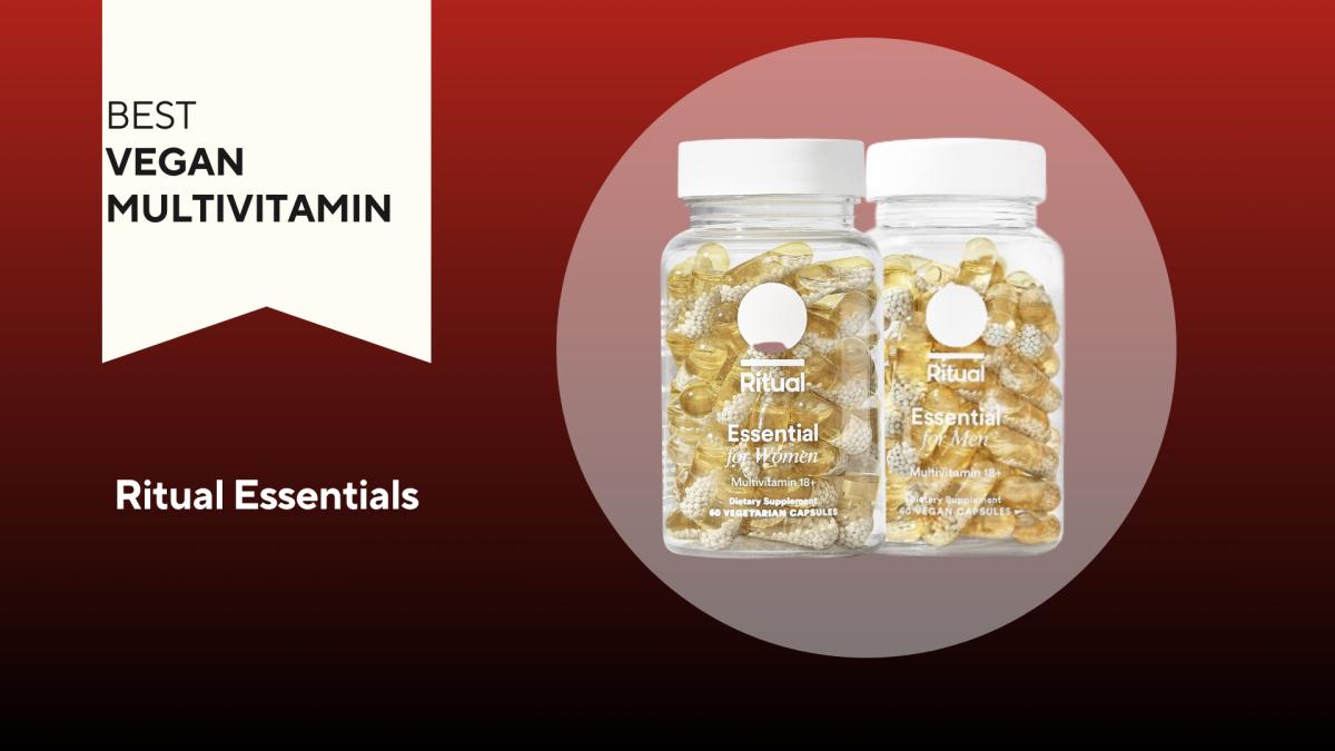 A red background with a white banner that says, "Best Vegan Multivitamin" next to two clear containers filled with gold capsules; one says Ritual Essential for Women, and the other says Ritual Essential for Men